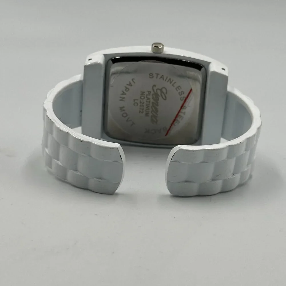 3/$30 Geneva Watch Women White Crystal Bezel Hinged Cuff Band New Battery